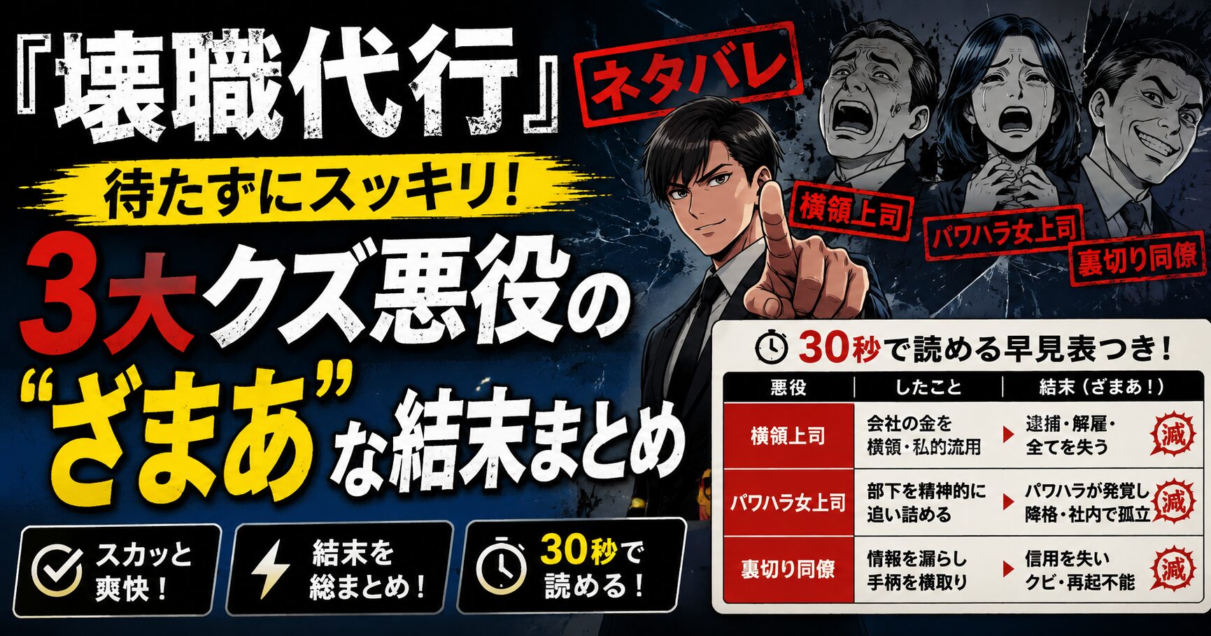 『壊職代行』ネタバレ｜待たずにスッキリ！3大クズ悪役の”ざまあ”な結末まとめ【30秒で読める早見表つき】