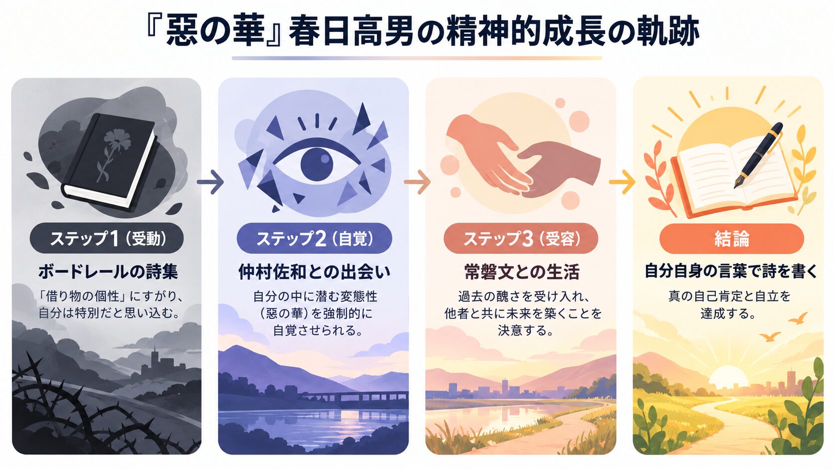 主人公・春日高男が「借り物の個性」から「自己の自覚」を経て「他者との受容」に至るまでの精神的成長を示したフロー図。