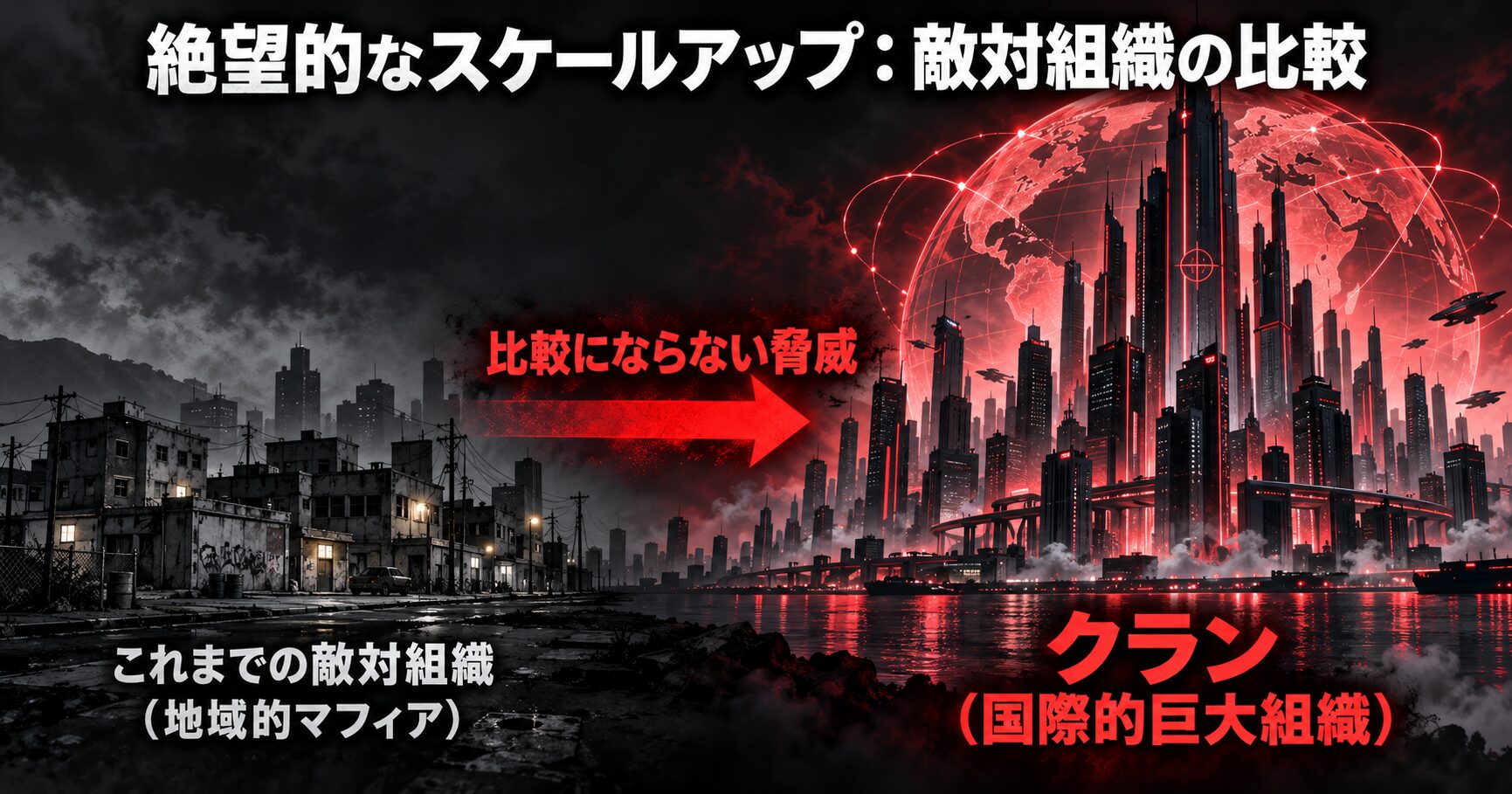 ゴッドオブブラックフィールドの敵対組織の比較図。地域的マフィアであるこれまでの敵に対し、新たな敵「クラン」が国際的な巨大組織であり、比較にならない脅威であることを示している。