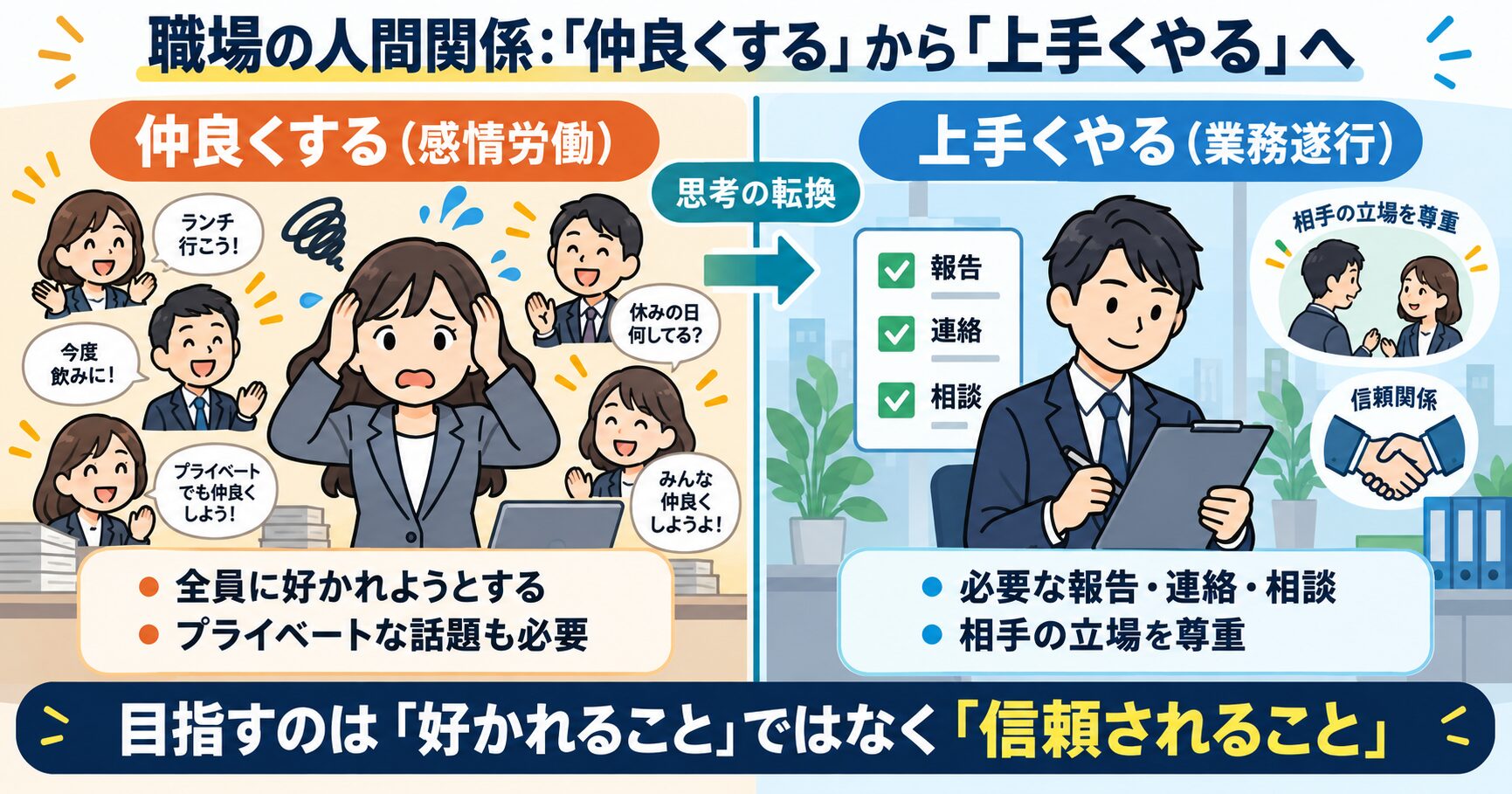 職場の人間関係における思考の転換を示す図。「仲良くする」という感情労働から、「上手くやる」という業務遂行へのシフトを解説している。