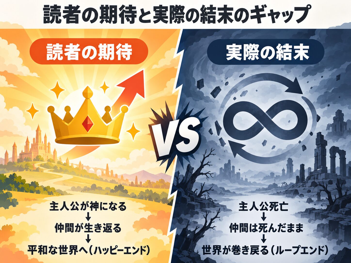 読者が期待したハッピーエンドと、実際のループエンドという結末のギャップを示した図解。