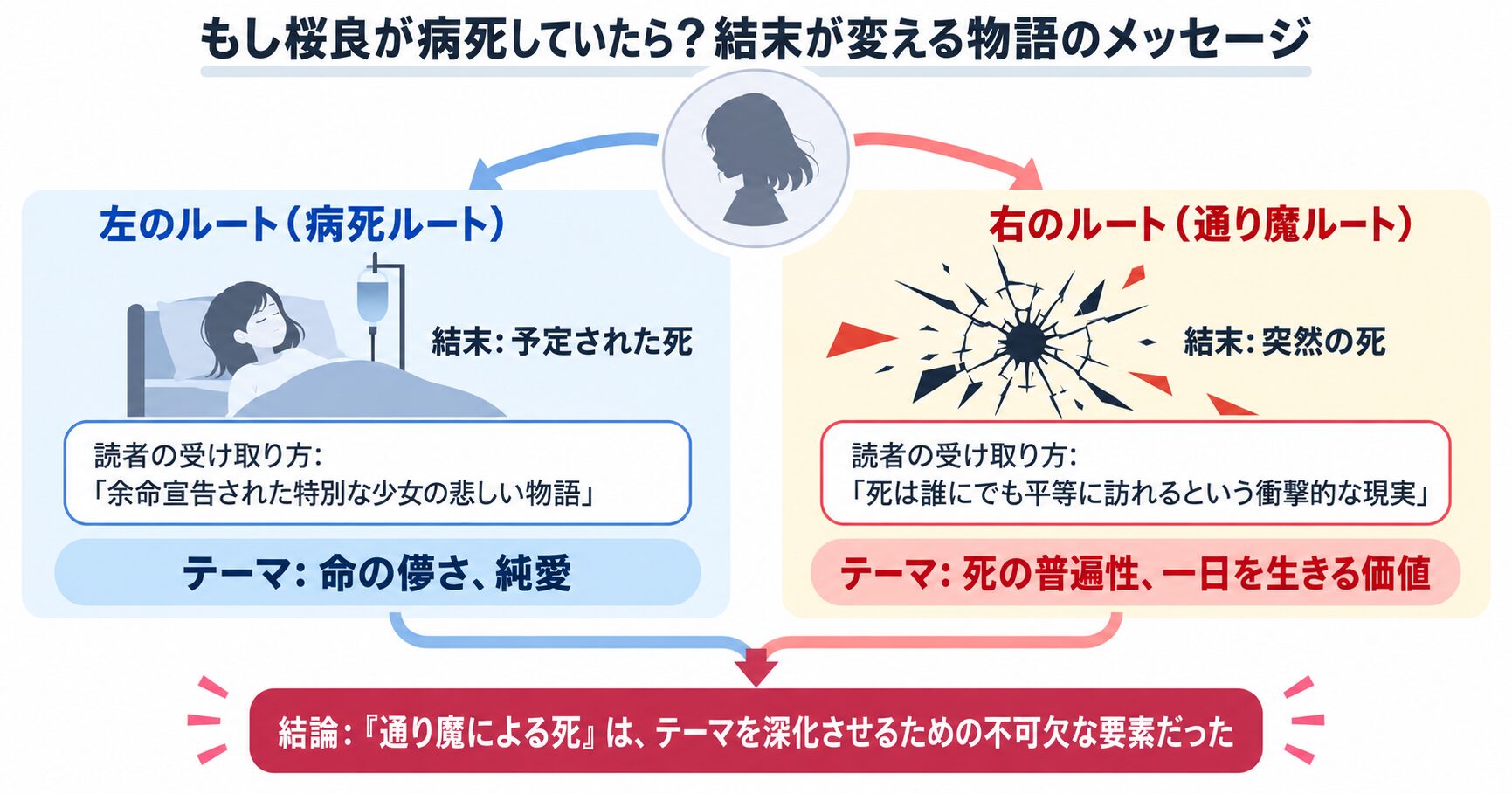 桜良の死に方を比較する図解。「病死」が純愛物語に繋がるのに対し、「通り魔による死」が「死の普遍性」という深いテーマに繋がることを示している。