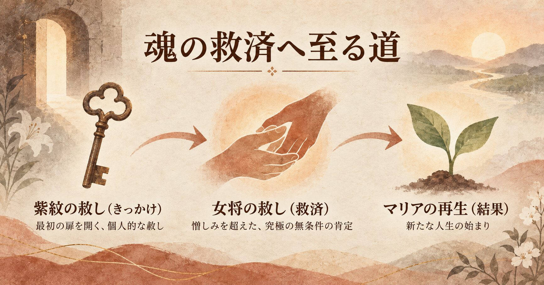 「まぐだら屋のマリア」における魂の救済プロセスを示した図。紫紋の赦しがきっかけとなり、女将の赦しによって救済され、マリアの再生へと繋がる流れが描かれている。