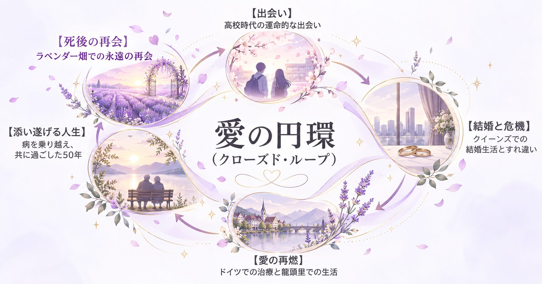 『涙の女王』の物語構造を示す円環図。出会いから結婚、危機、そして死後の再会までが円で繋がっている。