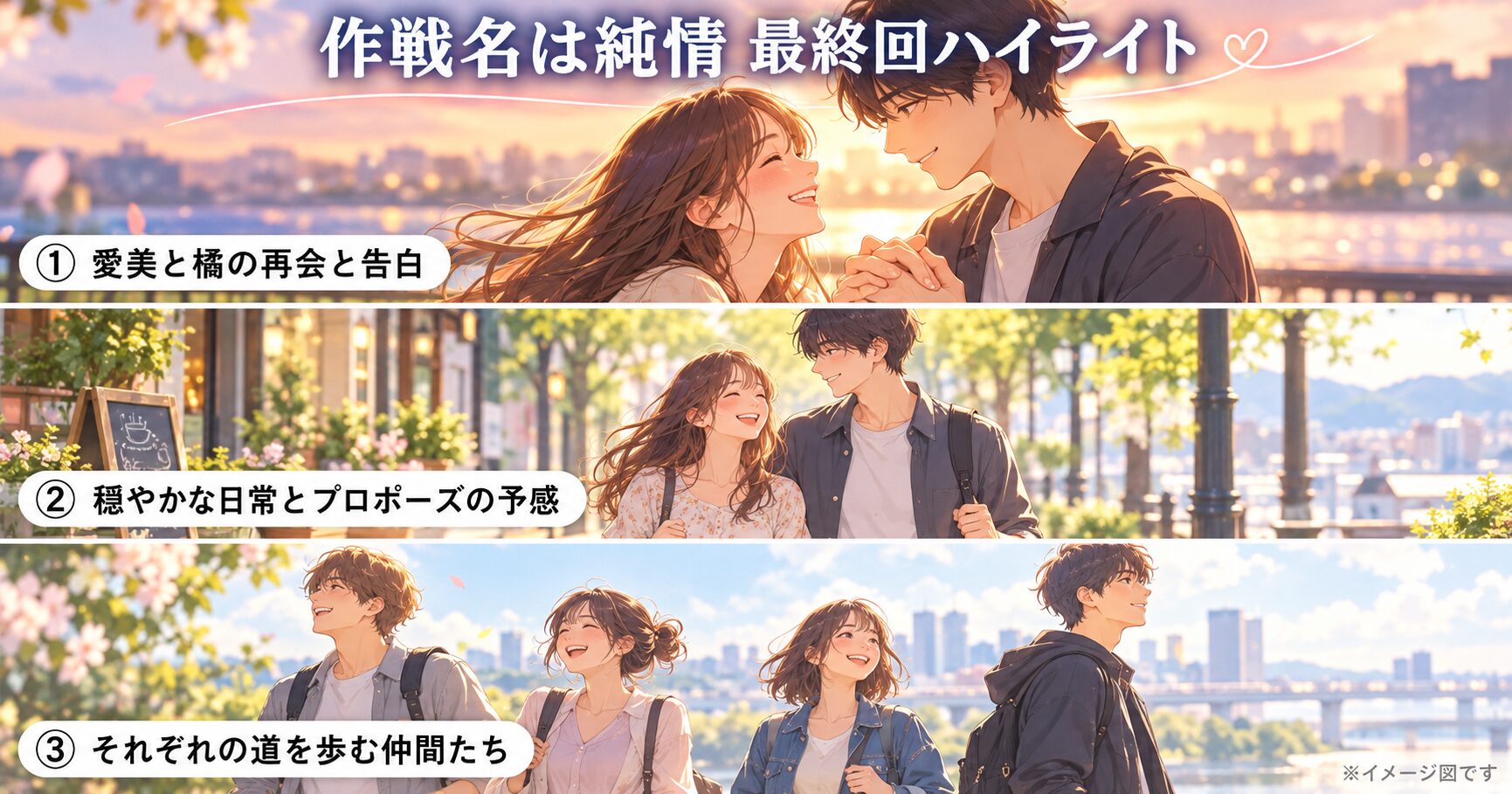 作戦名は純情の最終回ハイライト。高月愛美と橘蓮が最終的に結ばれる恋人関係になったこと、そして黒崎百谷を含む仲間たちがそれぞれの道を歩む結末を示すイメージ図。