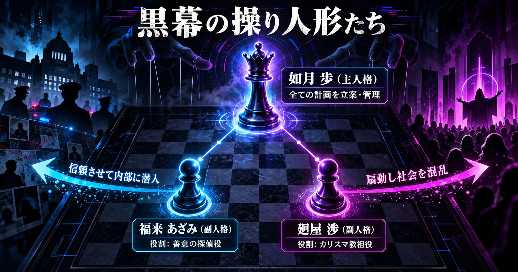 主人格「如月歩」を中心とした多重人格の相関図。「歩」が司令塔となり、副人格である「福来あざみ」を警察への潜入役として、「廻屋渉」を信者の扇動役として操っている関係性が示されている。