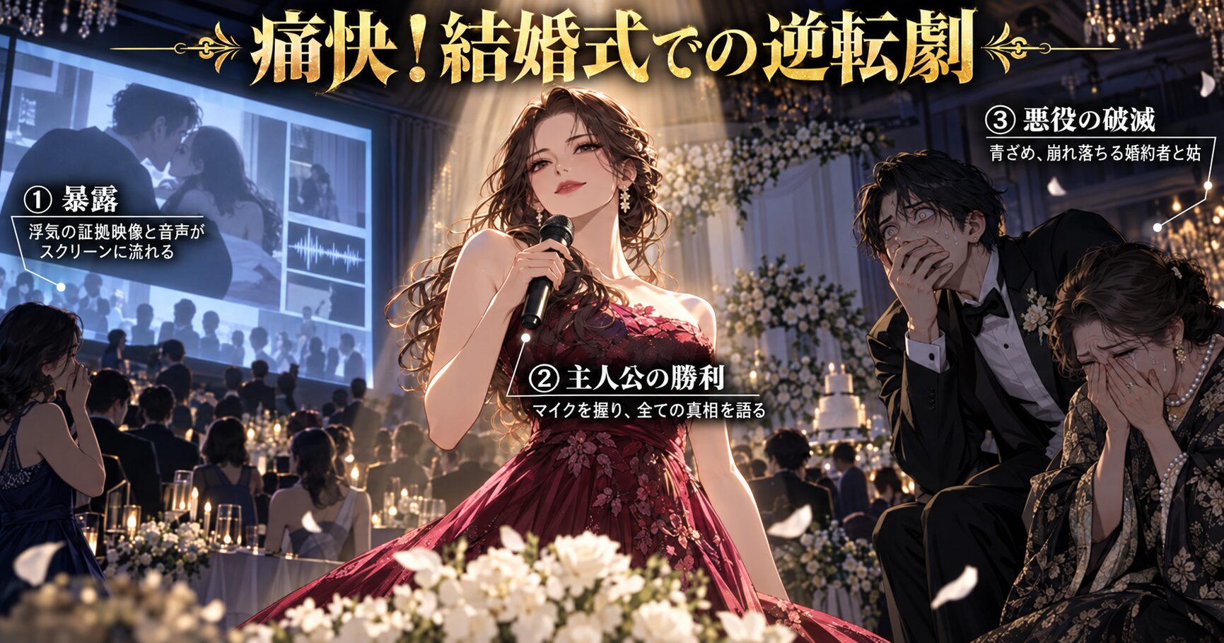 ドラマ「裏切りの果てに」のクライマックスシーン。中央でマイクを握る主人公が、スクリーンに映し出された証拠によって、青ざめる婚約者と姑に復讐を遂げる様子を描いた図解。