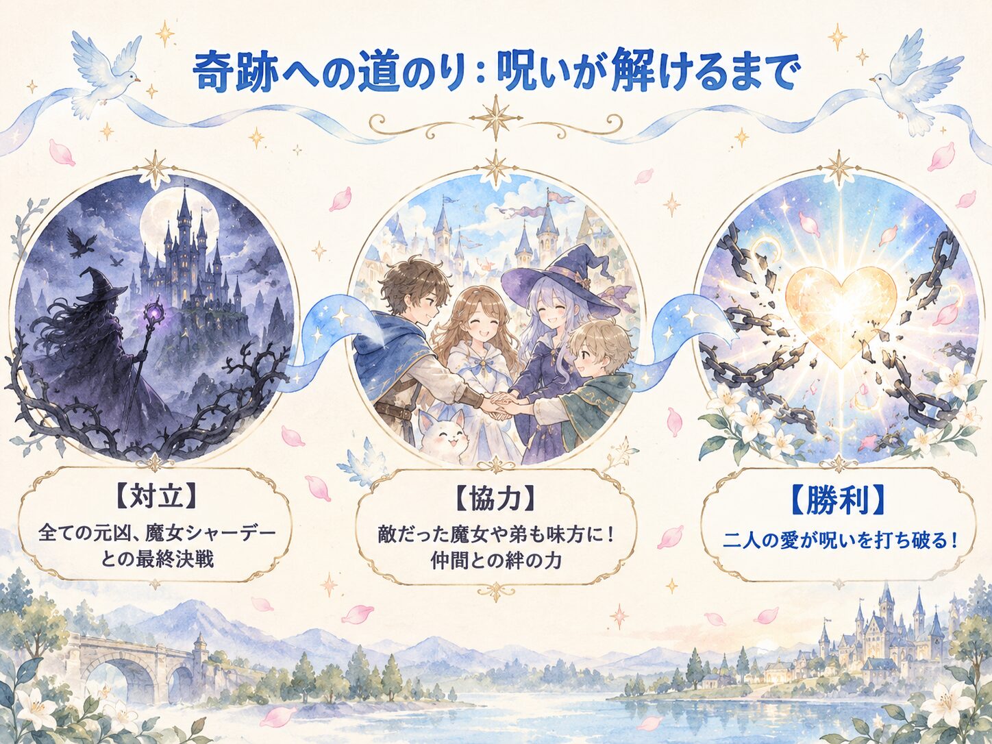 死神坊ちゃんの呪いが解けるまでの3ステップ。ステップ1はシャーデーとの対立、ステップ2は仲間との協力、ステップ3は二人の愛による勝利。