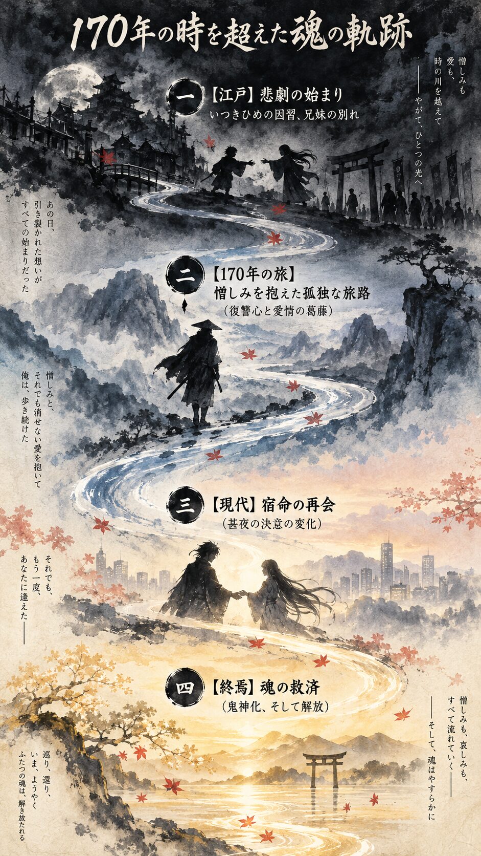鬼人幻燈抄の主人公・甚夜と妹・鈴音の170年にわたる物語の変遷を描いたフローチャート。江戸時代の悲劇から始まり、現代での魂の救済に至るまでを4つのステップで示している。