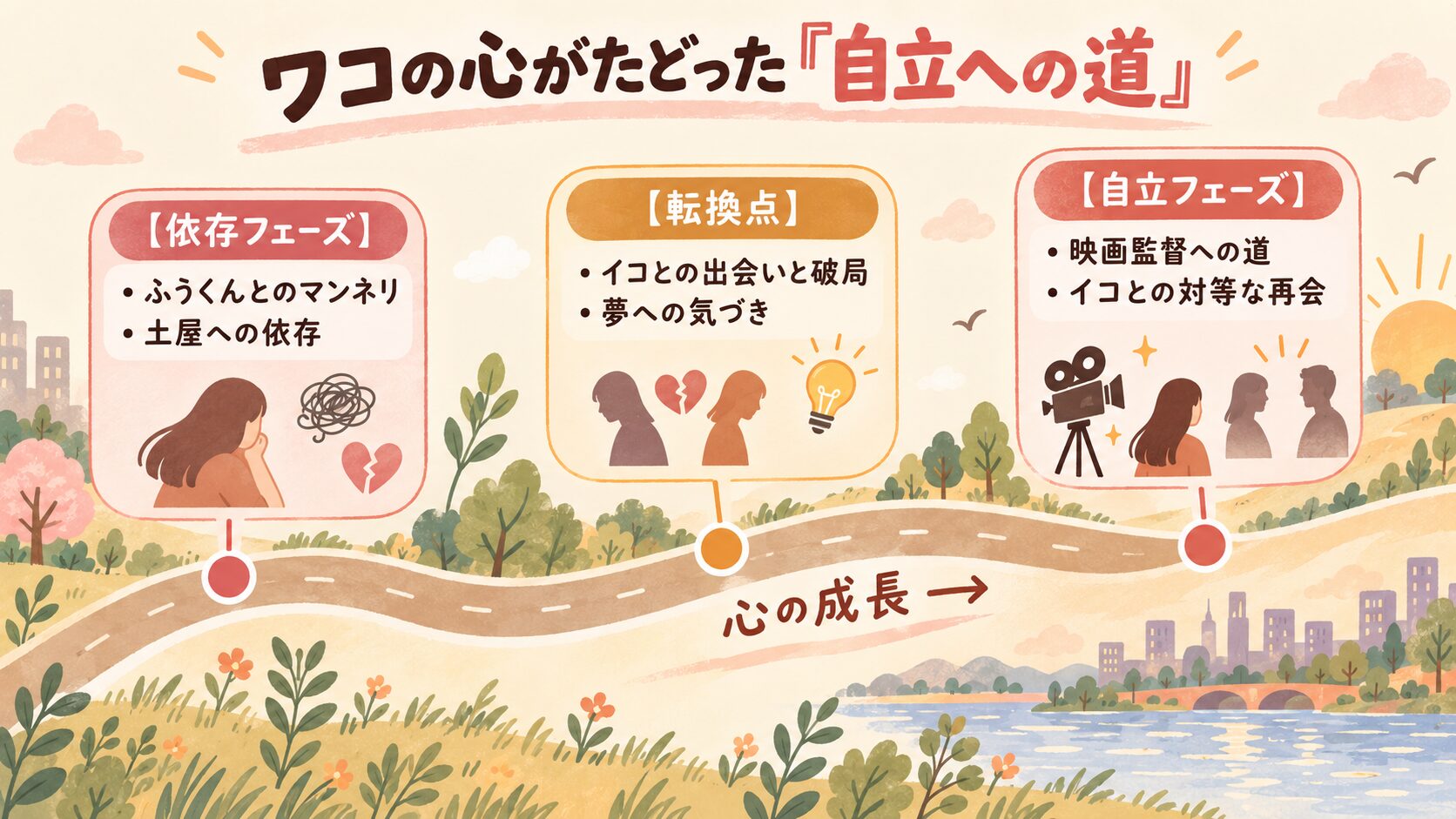 漫画『恋のツキ』の主人公ワコの心情が、他者への依存から自立へと変化していく過程を示したタイムライン図。