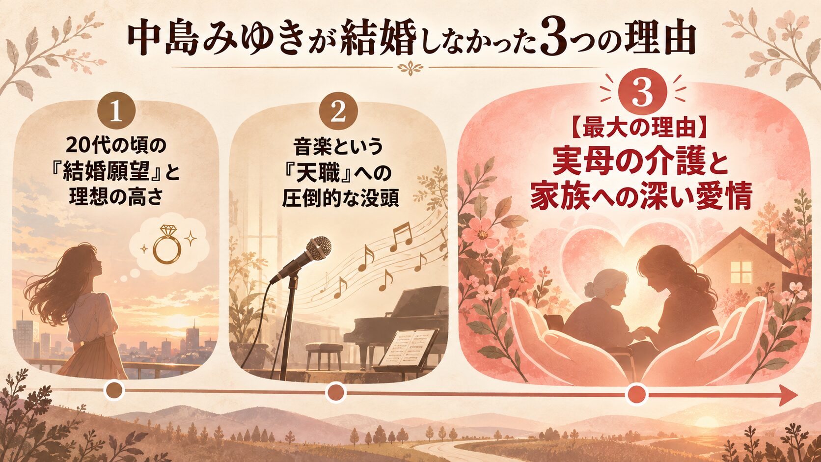 中島みゆきが独身である3つの理由(20代の結婚願望、音楽への没頭、実母の介護)を示した図解。中島みゆきと独身という状態の背景に、最大の理由(中核)として実母の介護が存在するという関係性を表しています。