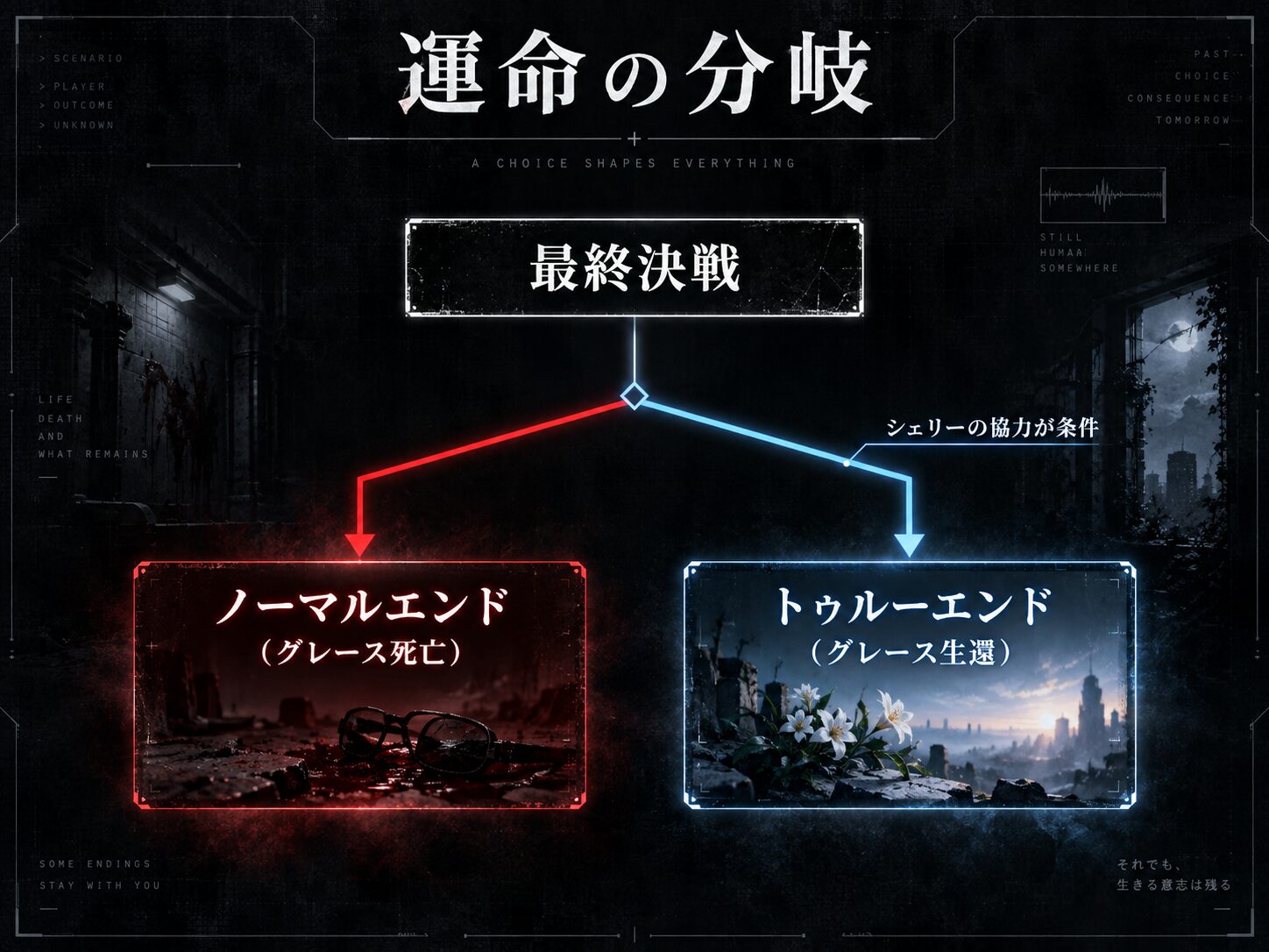 バイオハザード レクイエムのエンディング分岐図。最終決戦後、物語はグレースが死亡するノーマルエンドと、シェリーの協力で生還するトゥルーエンドに分かれることを示している。