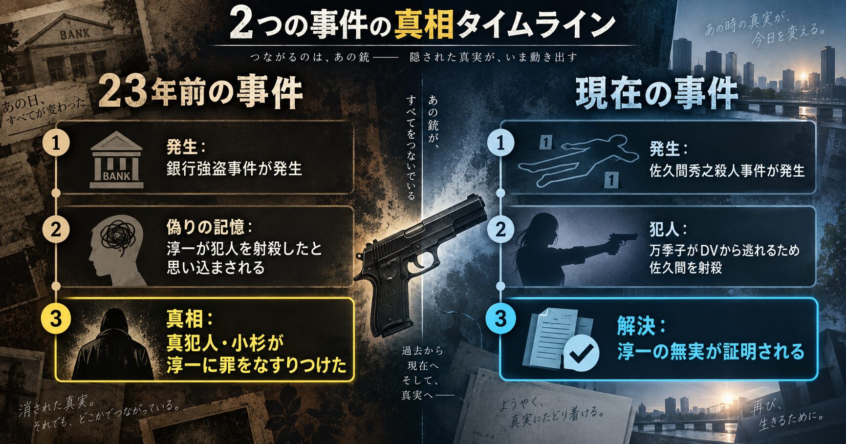 ドラマ『再会』の2つの事件を比較するタイムライン図。左側に23年前の事件の真相（真犯人は小杉）、右側に現在の事件の真相（犯人は万季子）が時系列で解説されている。