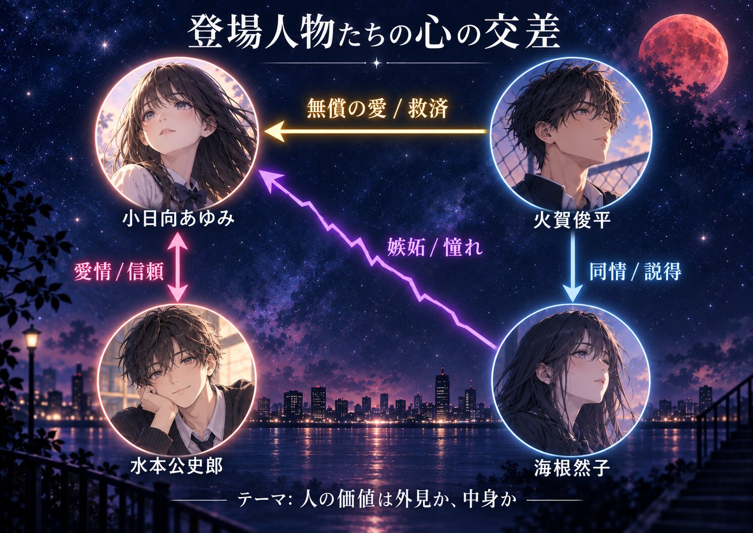 宇宙を駆けるよだかの登場人物4人(あゆみ、火賀、水本、海根)の感情の相関図。火賀からあゆみへの無償の愛が物語の鍵となっていることを示している。