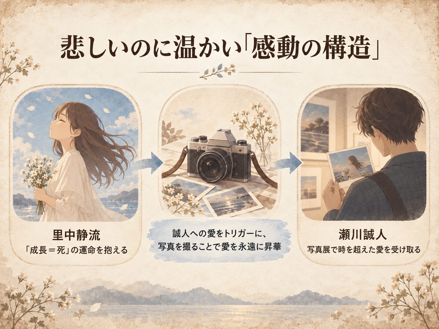 映画「ただ、君を愛してる」の感動の構造を示した図解。静流の愛が写真として昇華され、時を超えて誠人に届く流れを表している。