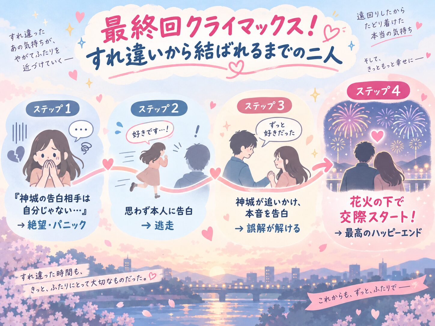 太陽よりも眩しい星の最終回で、朔英と神城がすれ違いから両思いになるまでの感情の変遷を示したタイムライン図。