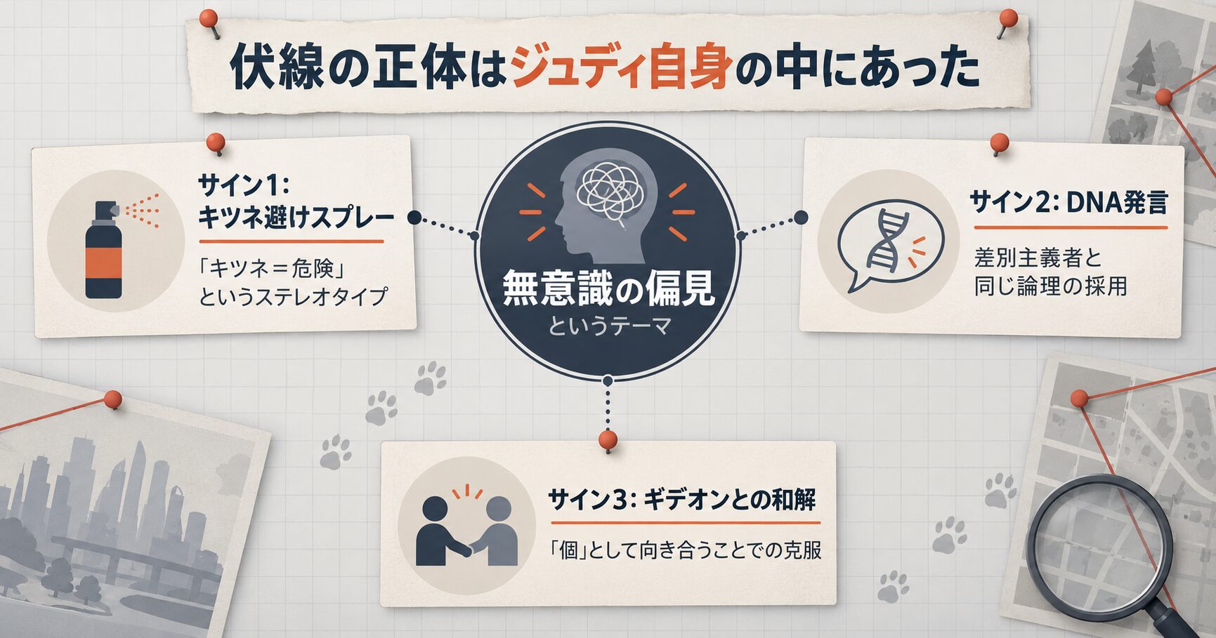 ズートピアの主人公ジュディの3つの行動(キツネ避けスプレー、DNA発言、ギデオンとの和解)が、彼女の内なる「無意識の偏見」というテーマにどう繋がっているかを示す相関図。
