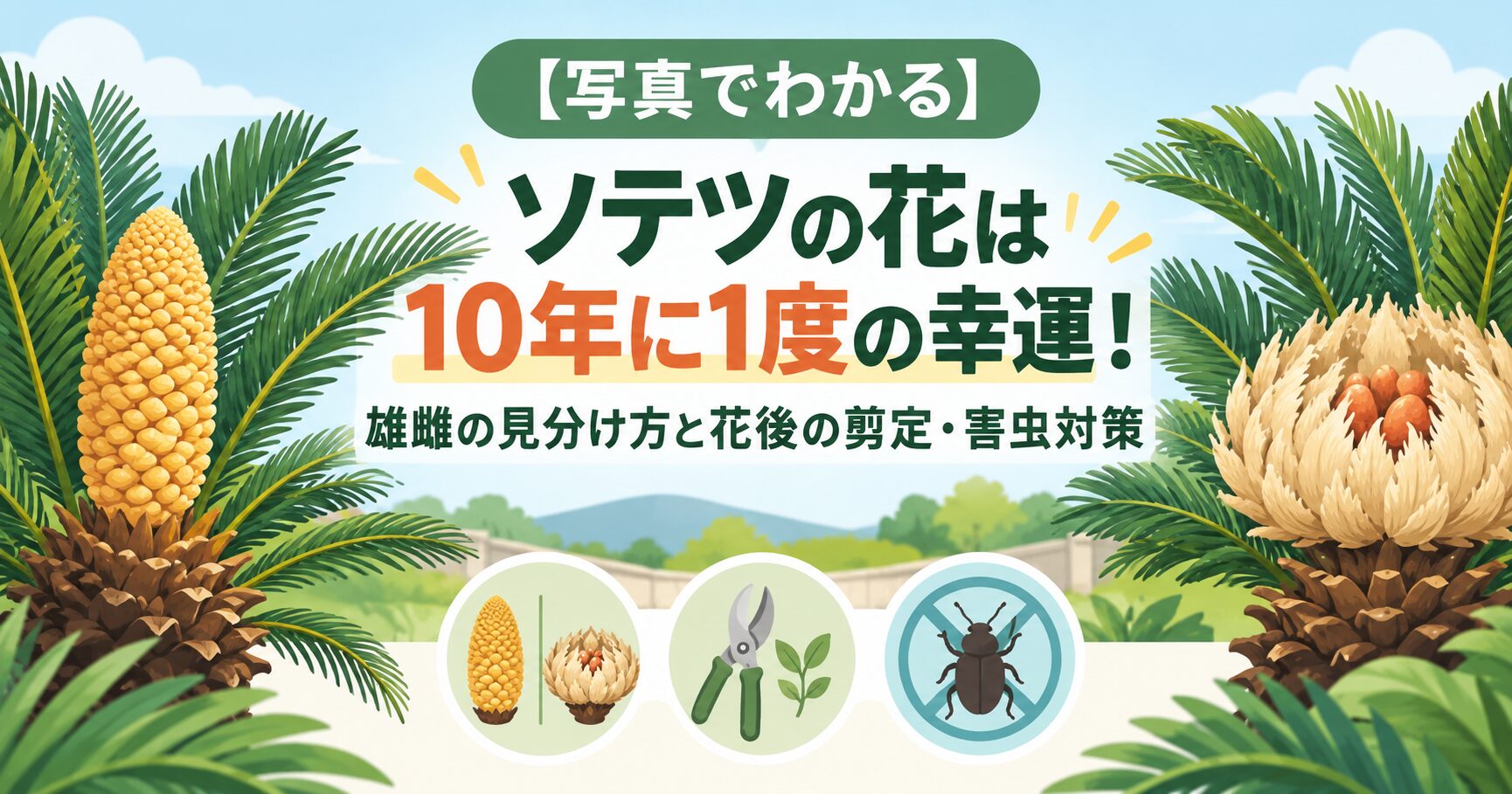【写真でわかる】ソテツの花は10年に1度の幸運！雄雌の見分け方と花後の剪定・害虫対策